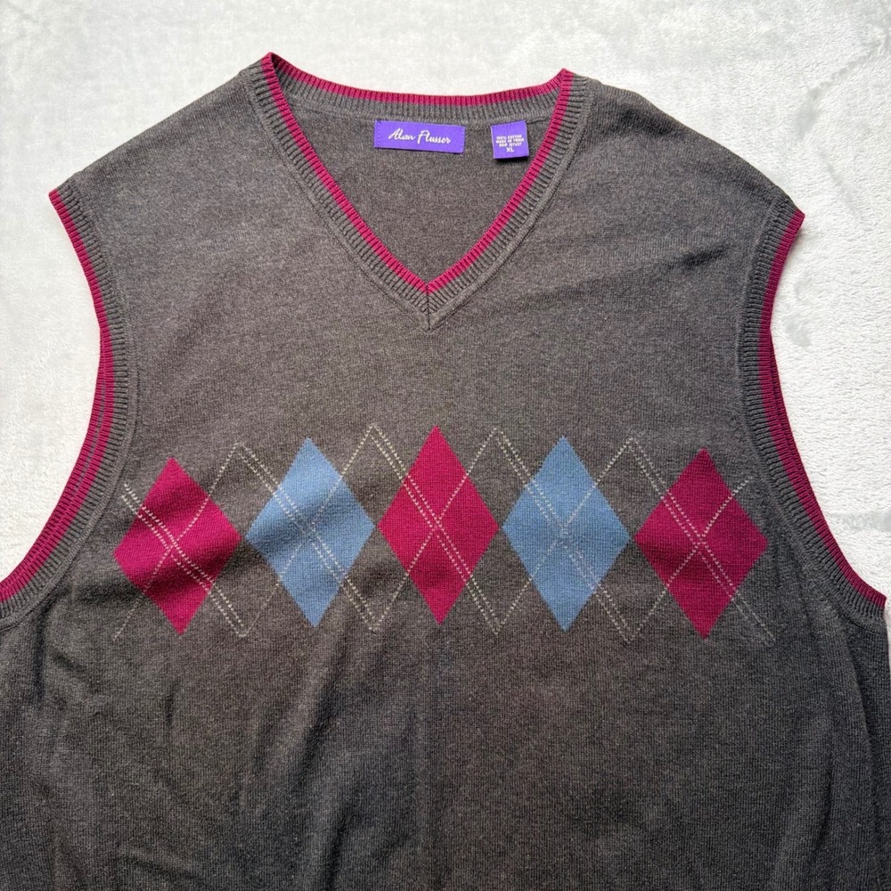 Alan Flusser Mens XL Gray Argyle V-Neck Sweater Vest 100% Cotton Academia Preppy